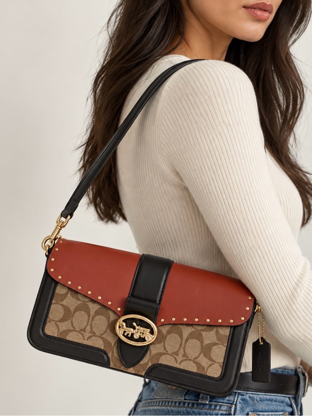 Coach Georgie Colorblock w/ Rivets Signature Shoulder Convertible Bag NWOT